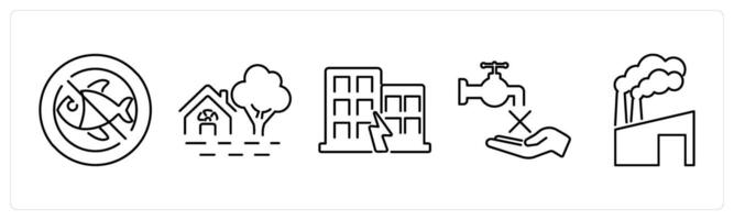 5 climate change icons as extinction of species, flooding, earthquake in black bold vector