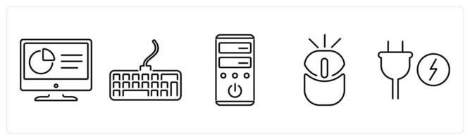 5 Computer Parts icons as monitor, keyboard, system unit in black bold vector