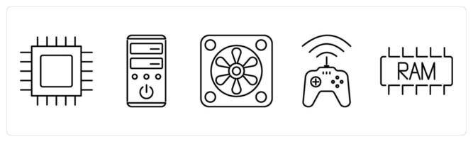 5 Computer Parts icons as cpu processor, system unit, system fan in black bold vector