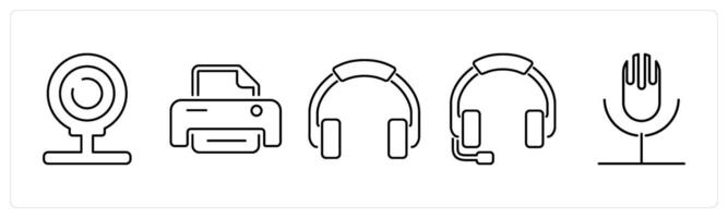 5 Computer Parts icons as web cam, printer, headphone in black bold vector