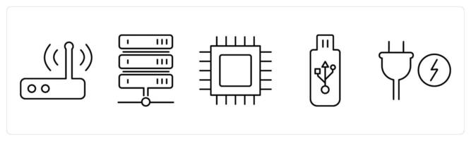 5 Computer Parts icons as router, server, cpu processor in black bold vector
