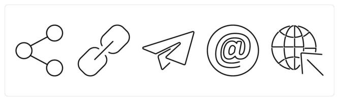 5 Contact icons as share, link, query, at the rate in black bold vector