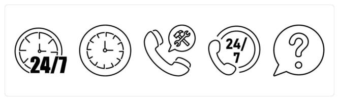 5 Contact icons as 24 hour, clock, assistance in black bold vector