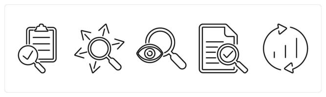 5 Critical Thinking icons as evaluation, research, observation in black bold vector