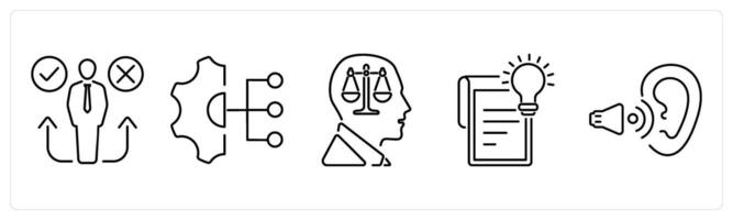 5 Critical Thinking icons as decision making, work responsibilities, rationality in black bold vector