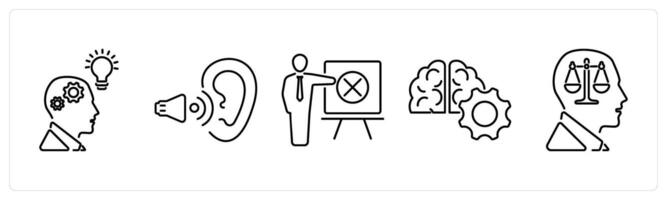 5 Critical Thinking icons as critical thinking, active listening, identifying errors in black bold vector