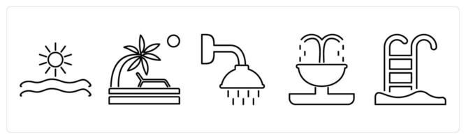 5 mix icons as morning view, beach, shower in black bold vector