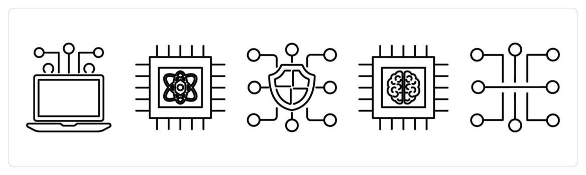 5 Mix icons as computing, quantum computing, block chain in black bold vector
