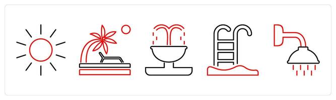 5 Mix icons as sun, beach, fountain in red bold vector