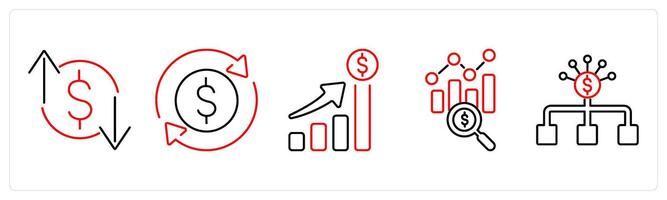 5 accounting icons as profit and loss, money flow, revenue in red bold vector