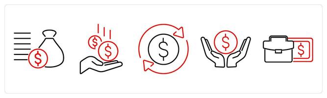 5 accounting icons as loan, earnings, money flow in red bold vector