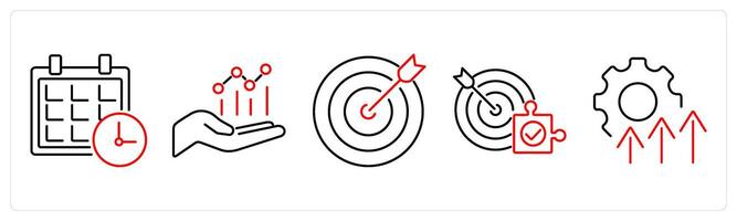 5 Action plan icons as meeting schedule, analysis, goal in red bold vector