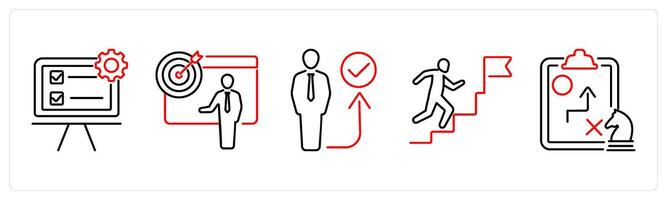 5 Action plan icons as action plan, objective, act in red bold vector