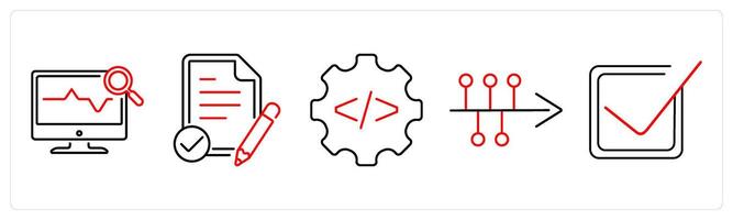 5 Action plan icons as health monitoring, assessment, development in red bold vector