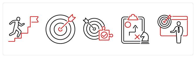 5 Action plan icons as steps, goal, target in red bold vector