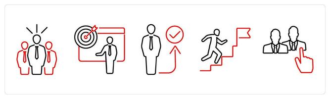 5 Action plan icons as team, objective, act in red bold vector