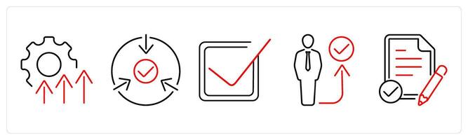 5 Action plan icons as improvement, implementation, check in red bold vector