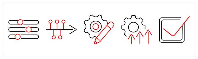 5 Action plan icons as refine, timeline, resources in red bold vector
