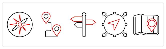 5 Adventure icons as orientation, journey, direction in red bold vector