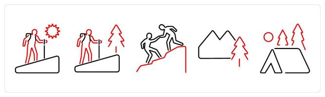 5 Adventure icons as adventure, hiking, climbing in red bold vector