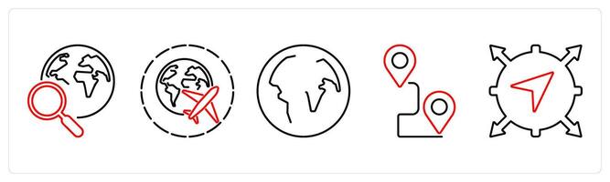 5 Adventure icons as exploration, travel, globe in red bold vector
