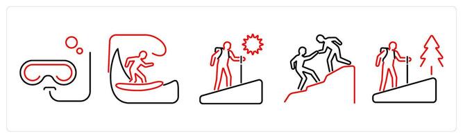 5 Adventure icons as snorkeling, surfing, adventure in red bold vector