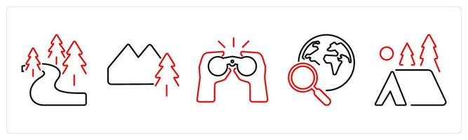 5 Adventure icons as forest, mountains, binoculars in red bold vector