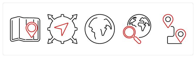 5 Adventure icons as map, navigation, globe in red bold vector