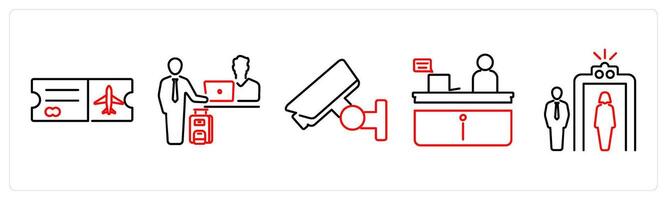 5 Airport icons as boarding pass, check in, cctv in red bold vector