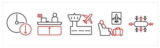 5 Airport icons as delay, information desk, airport in red bold vector