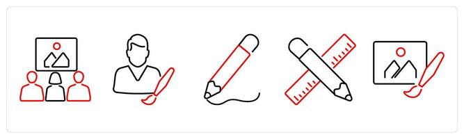 5 Art icons as visitors, artist, drawing in red bold vector