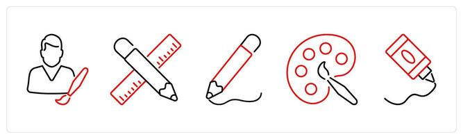 5 Art icons as artist, design, drawing in red bold vector