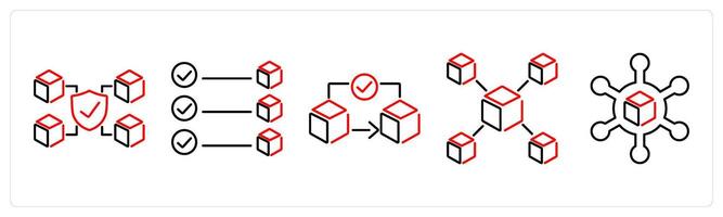 5 Blockchain icons as mining, startup, data analysis in red bold vector