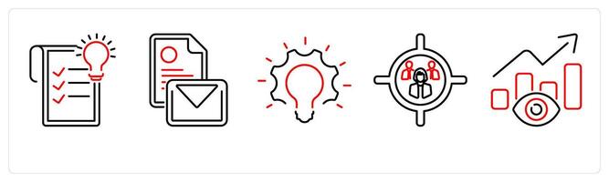 5 Branding icons as concept, mail, innovation, target audience in red bold vector
