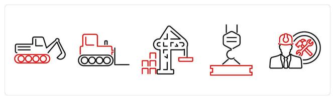 5 Build icons as excavator, bulldozer, crane in red bold vector