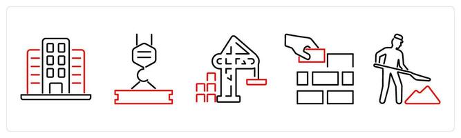 5 Build icons as building, hoist, crane in red bold vector