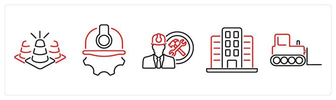 5 Build icons as cone, worker, contractor in red bold vector
