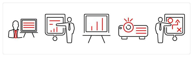 5 Business Presentation icons as presentation, presenter, white board in red bold vector