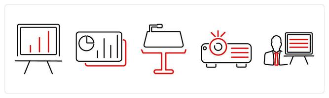 5 Business Presentation icons as white board, slides, keynote in red bold vector