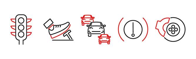 5 Car icons as traffic light, accelerate, traffic jam in red bold vector
