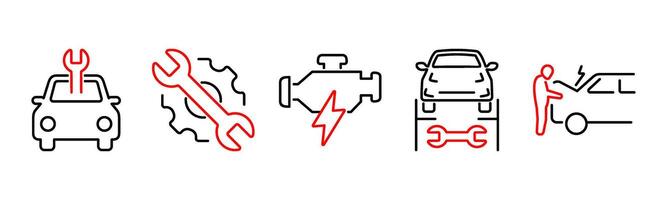 5 Car icons as car service, maintenance, engine in red bold vector