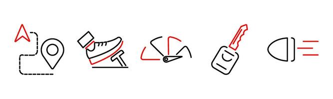 5 Car icons as gps, accelerate, gauge in red bold vector