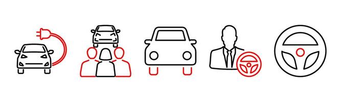 5 Car icons as electric car, carpooling, car in red bold vector
