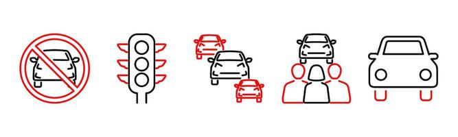 5 Car icons as no car allowed, traffic light, traffic jam in red bold vector