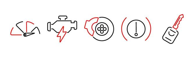 5 Car icons as gauge, engine, brake in red bold vector