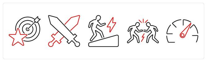 5 Challenge icons as challenge, battle, determination in red bold vector