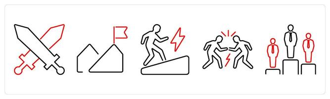 5 Challenge icons as battle, mission, determination in red bold vector