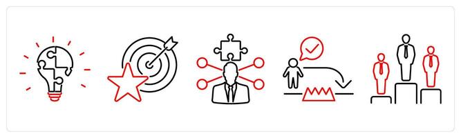 5 Challenge icons as problem solving, challenge, resolve issues in red bold vector