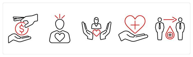 5 Charity and donation icons as donate, donor, caring in red bold vector