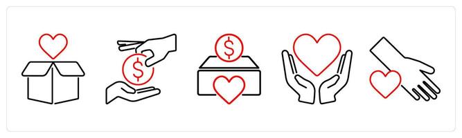 5 Charity and donation icons as donation box, donate, charity box in red bold vector
